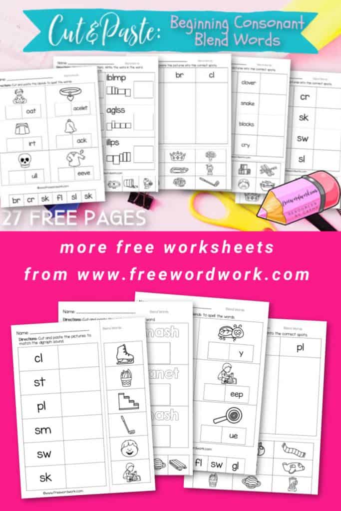 These free, printable beginning consonant blends cut and paste worksheets will give your students practice with words that start with l, r and s blends.