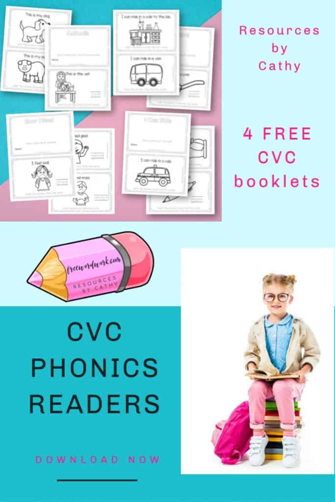 Add these CVC Phonics Readers for a, e, i, o and u to your phonics booklets in your classroom or homeschool.
