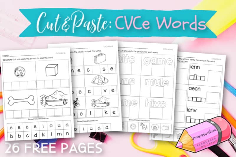 These free, printable CVCe cut and paste worksheets will give your students practice with magic e words.