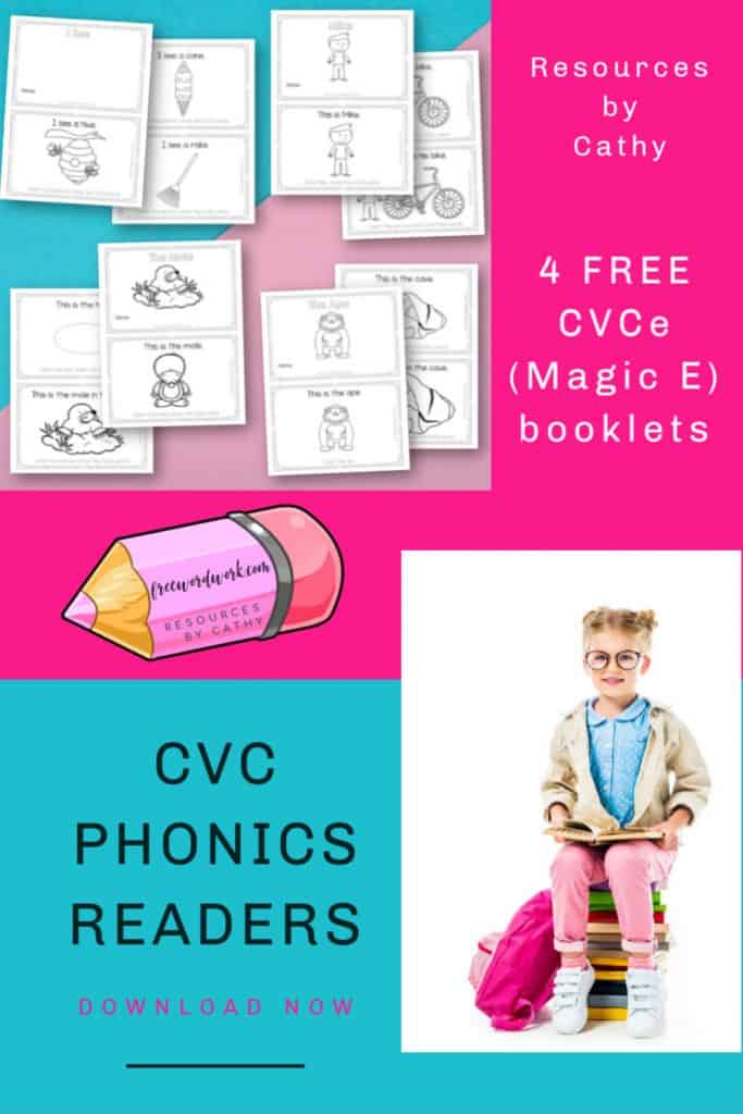 Add these CVCe Phonics Readers for magic e words to your phonics booklets in your classroom or homeschool.