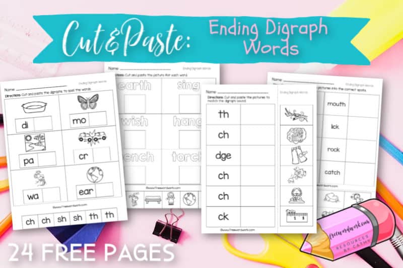 These free, printable ending digraph cut and paste worksheets will give your students practice with words that end with digraphs.
