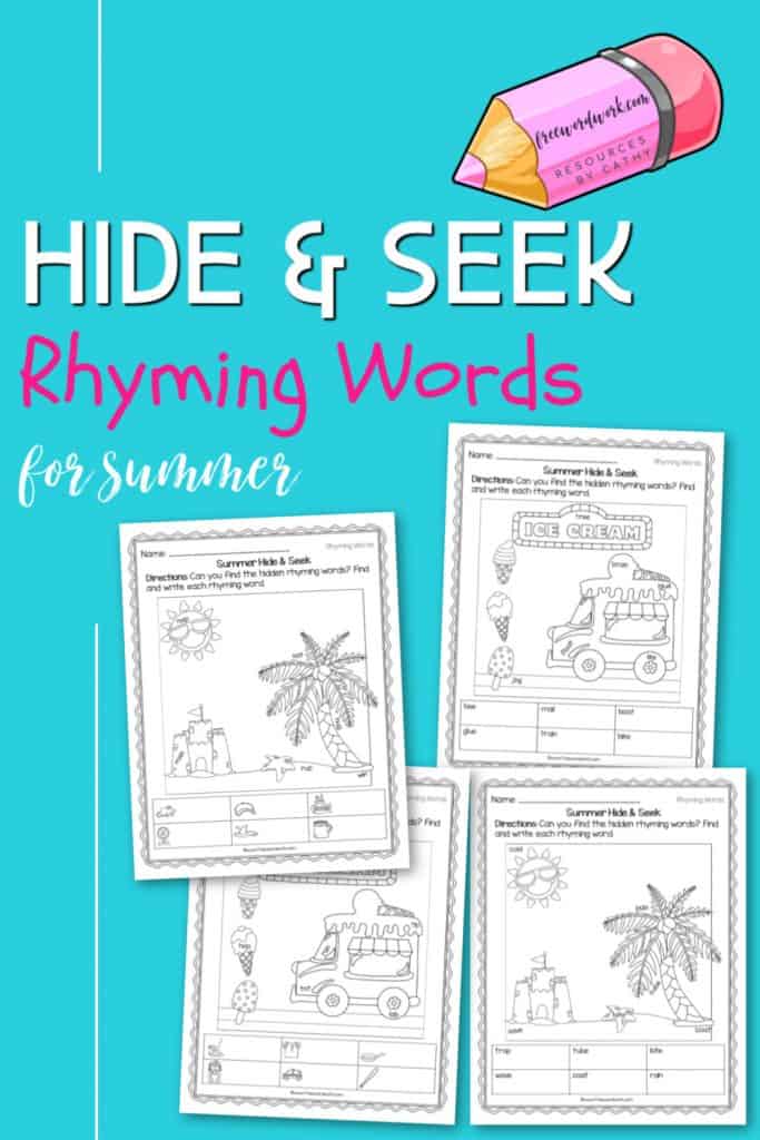These Hide & seek rhyming words for summer are a fun way for children to practice reading and writing rhyming words.