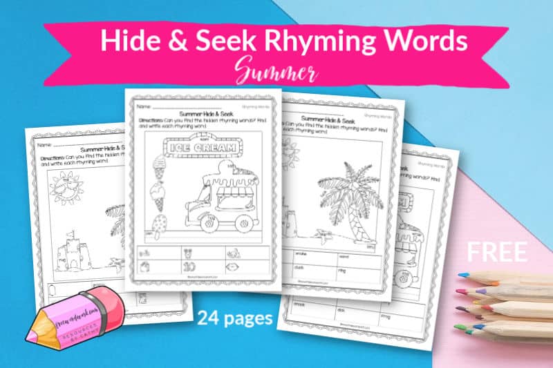 These Hide & seek rhyming words for summer are a fun way for children to practice reading and writing rhyming words.