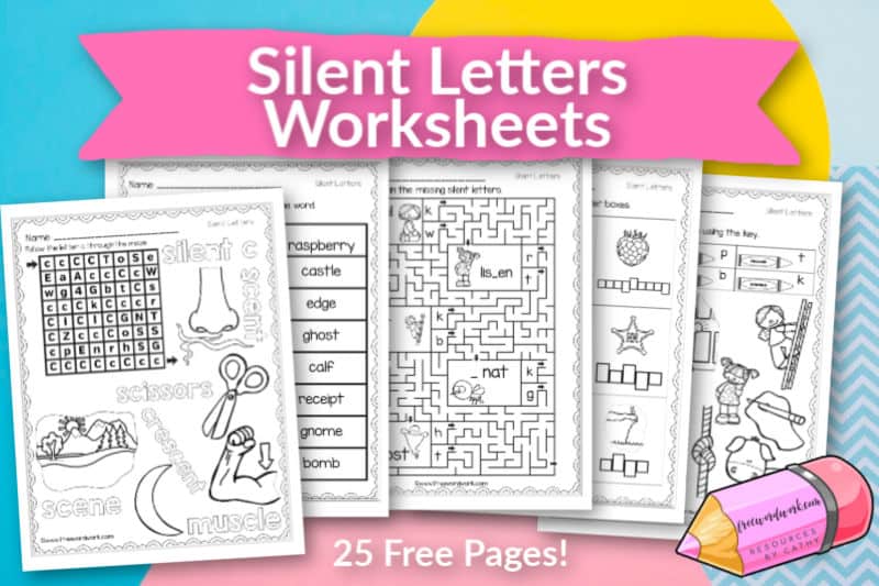 These free, printable silent letter worksheets will give your students practice with words containing the silent letters b, c, d, g, h, k, l, p, t and w.