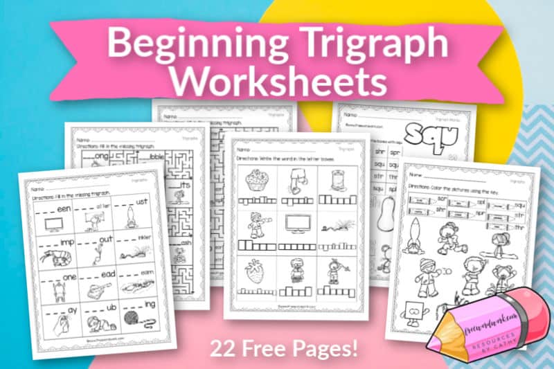 These free, printable beginning trigraph worksheets will give your students practice with words beginning with the trigraphs scr, shr, spl, spr, squ, str and thr.