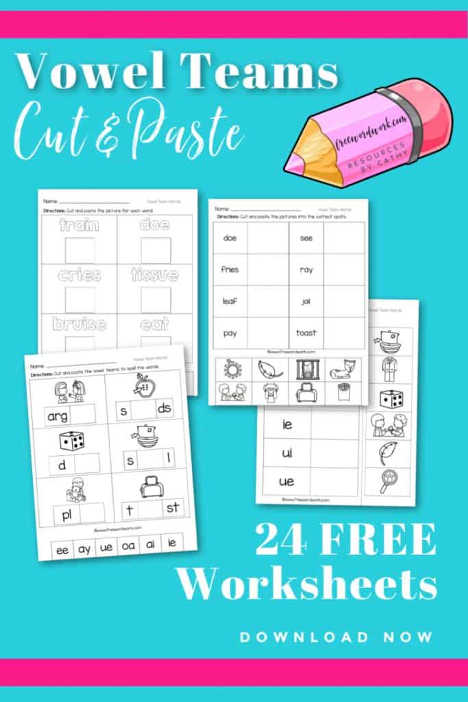 These free, printable vowel teams cut and paste worksheets will give your students practice with words that contain the vowel teams ai, ay, ea, ee, ie, oa, oe, ue and ui.