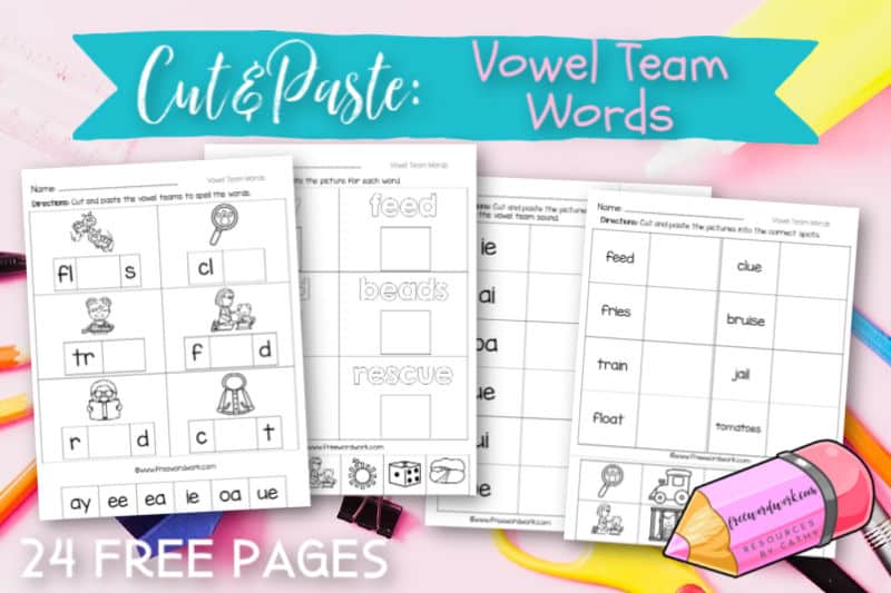 These free, printable vowel teams cut and paste worksheets will give your students practice with words that contain the vowel teams ai, ay, ea, ee, ie, oa, oe, ue and ui.