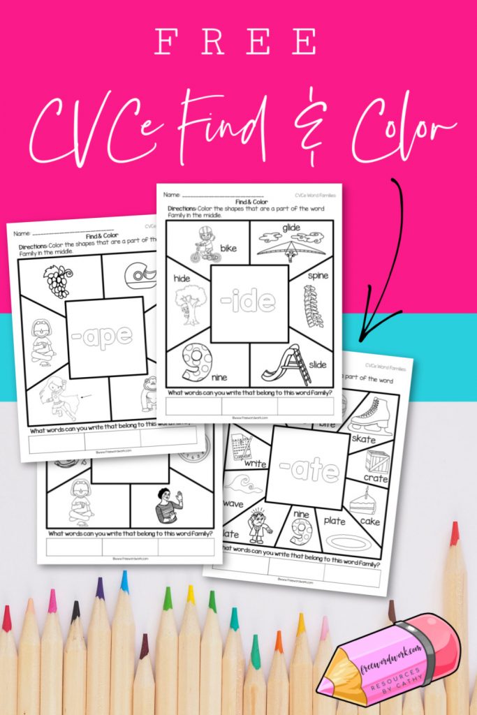 These CVCe Find & Color Worksheets will give your children practice with identifying word families containing magic e words.