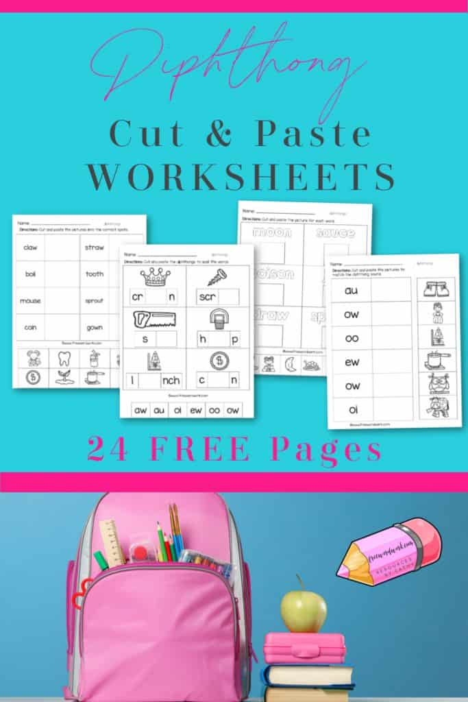 These free, printable diphthong cut and paste worksheets will give your students practice with words that contain the diphthongs ew, oi, oo, ou, ow, oy, au and aw.