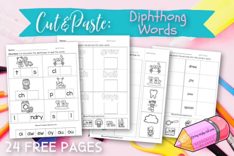 These free, printable diphthong cut and paste worksheets will give your students practice with words that contain the diphthongs ew, oi, oo, ou, ow, oy, au and aw.