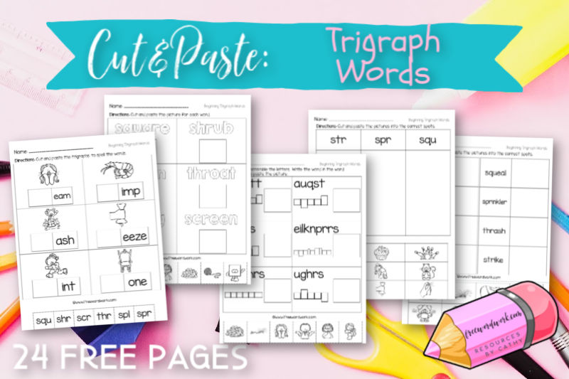 These free, printable beginning trigraph cut and paste worksheets will give your students practice with words that start with the trigraphs scr, shr, spl, spr, squ, str and thr.