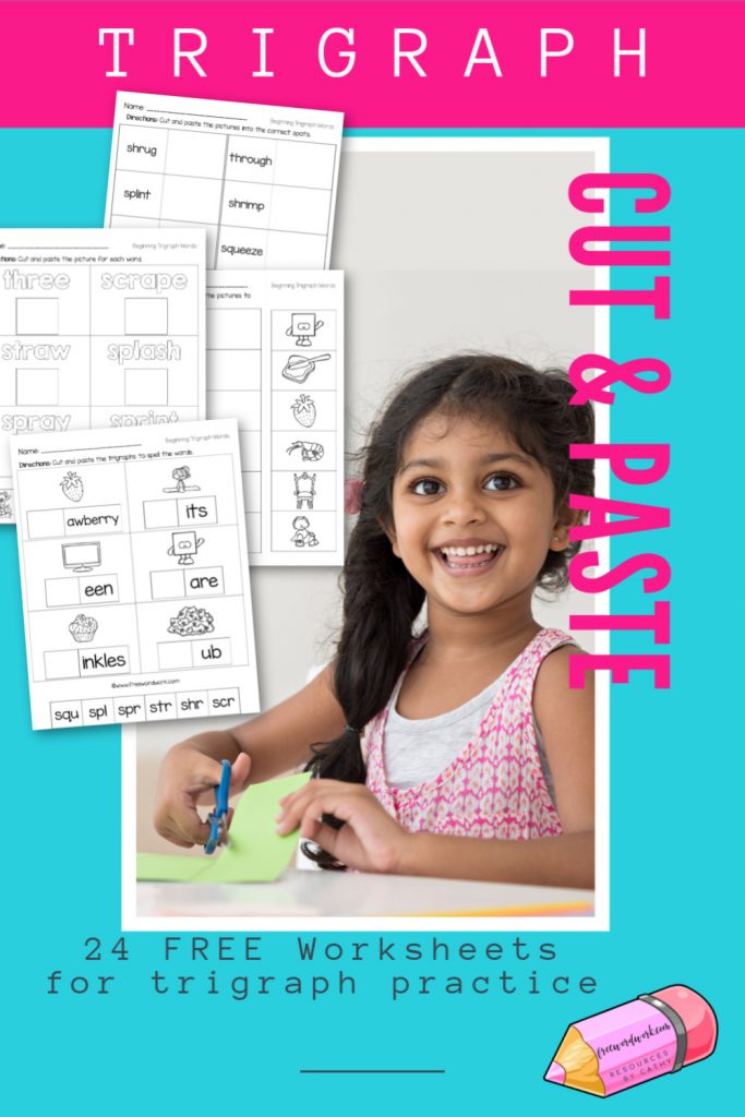 These free, printable beginning trigraph cut and paste worksheets will give your students practice with words that start with the trigraphs scr, shr, spl, spr, squ, str and thr.
