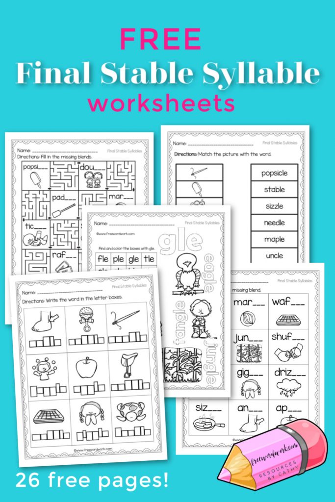 These free, printable final stable syllable worksheets will give your students practice with words ending with the letter combinations ble, cle, dle, fle, gle, kle, ple, sle, zle and tle.