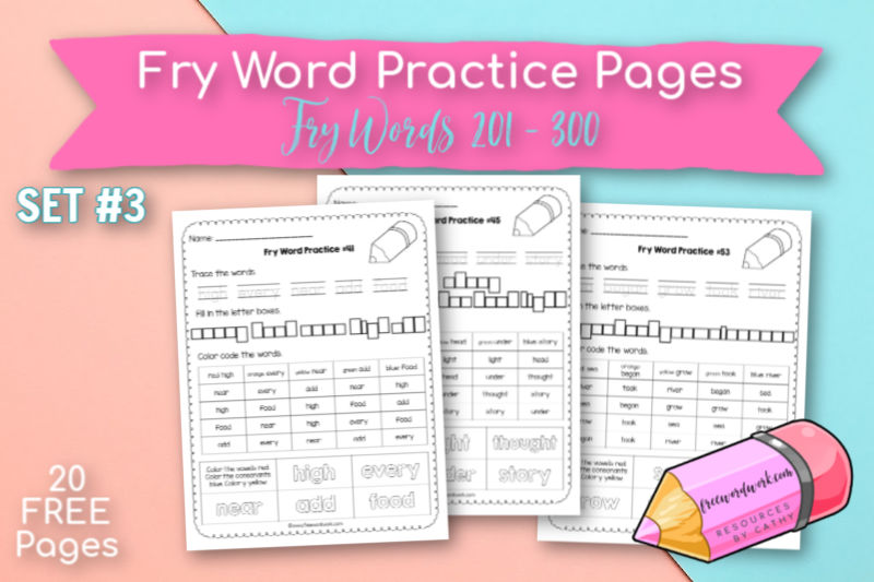 These Third Fry Word Practice Pages provide writing and reading practice for words 201 through 300.