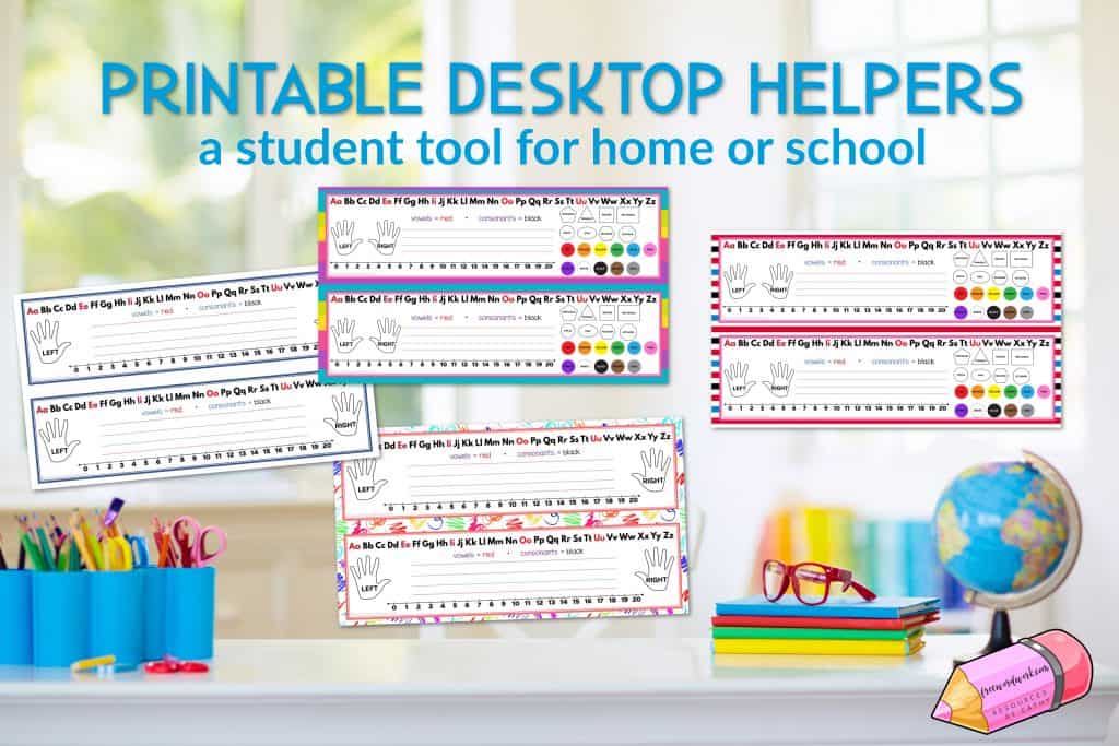 Download these free, printable desktop helpers as name tags for your student desks at home or at school.