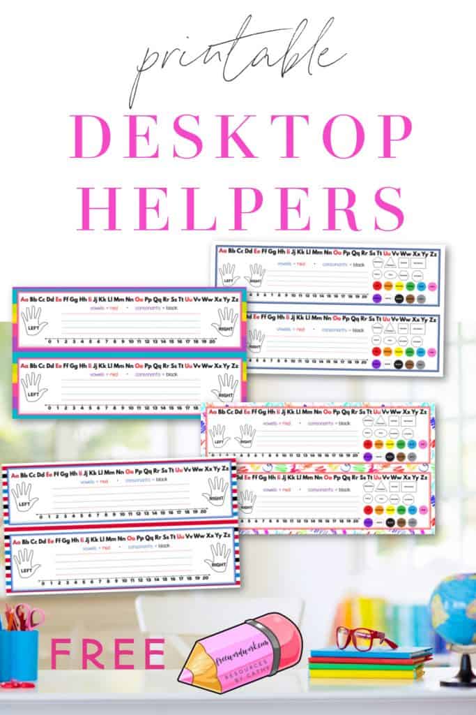 Download these free, printable desktop helpers as name tags for your student desks at home or at school.