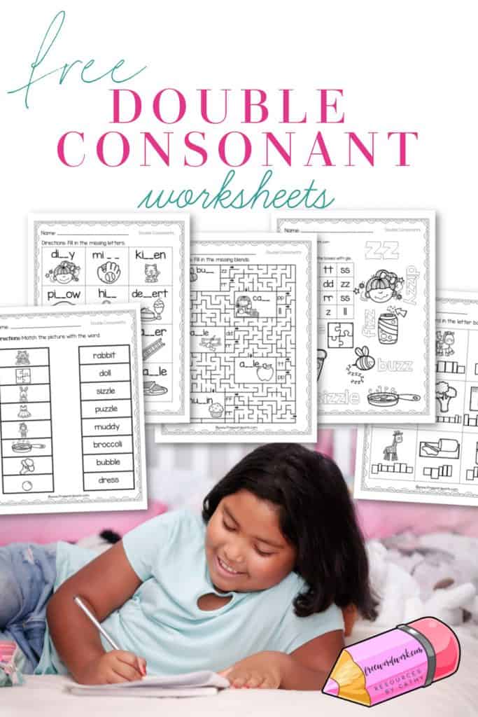These free, printable words with double consonant worksheets will give your students practice with words containing the double letters bb, cc, dd, ff, gg, ll, mm, pp, rr, ss, tt and zz.