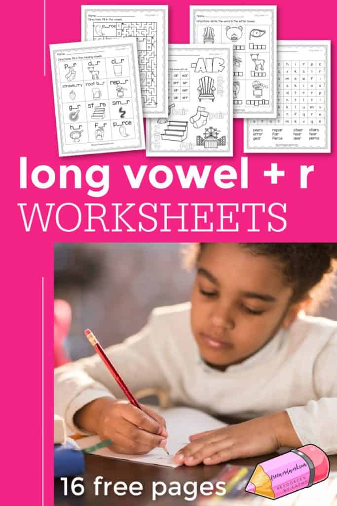 These free, printable words with long vowel + r worksheets will give your students practice with words containing the letter combinations air, ear, eer, eir, err and ier.