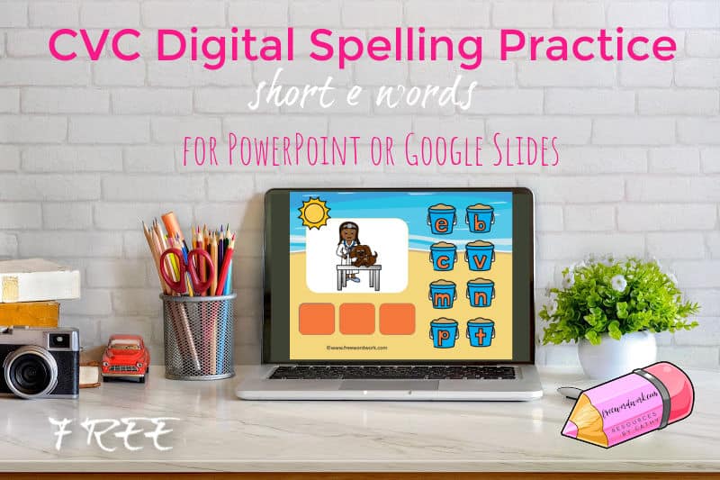 Help children working on spelling short e words with this free CVC words digital resource.