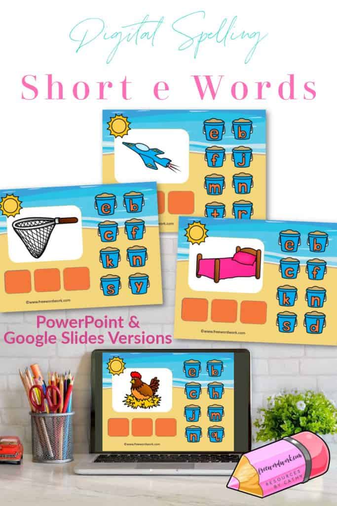 Help children working on spelling short e words with this free CVC words digital resource.