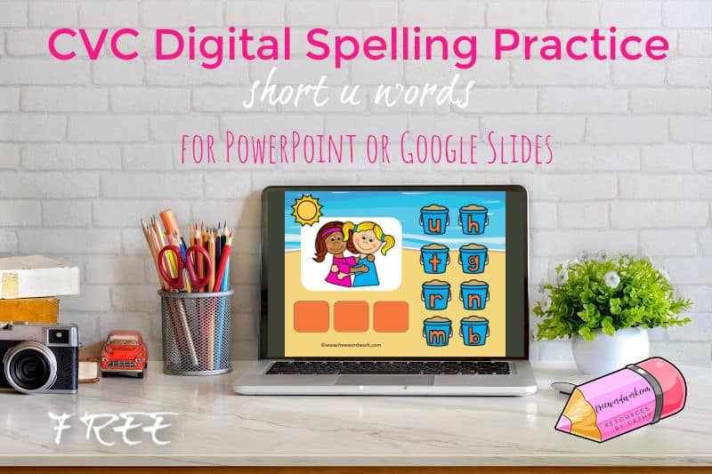 Children can practice spelling short u words with this free digital spelling words game for PowerPoint and Google Slides.