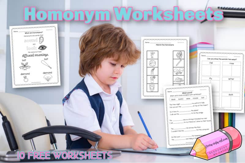 This set of free homonym worksheets will help your children learn about and practice homonyms.