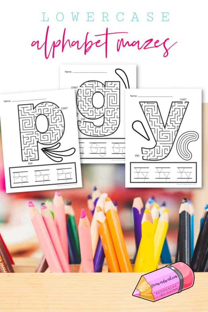 Work on lowercase alphabet mazes with these free printables worksheets for letter practice.