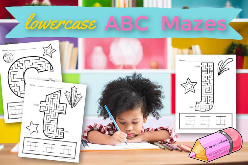 Work on lowercase alphabet mazes with these free printables worksheets for letter practice.