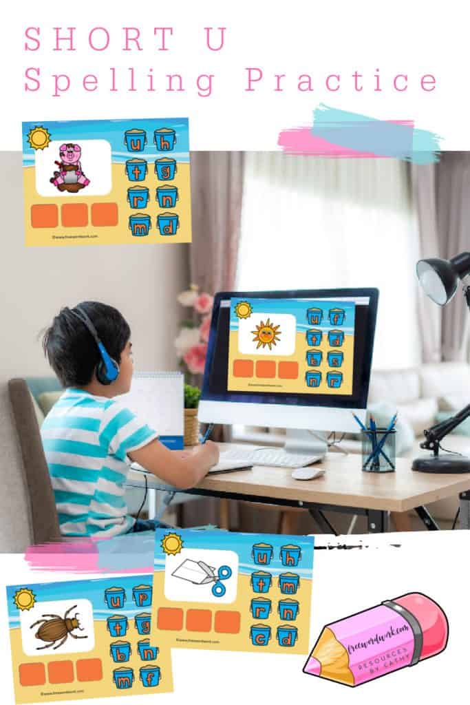 Children can practice spelling short u words with this free digital spelling words game for PowerPoint and Google Slides.