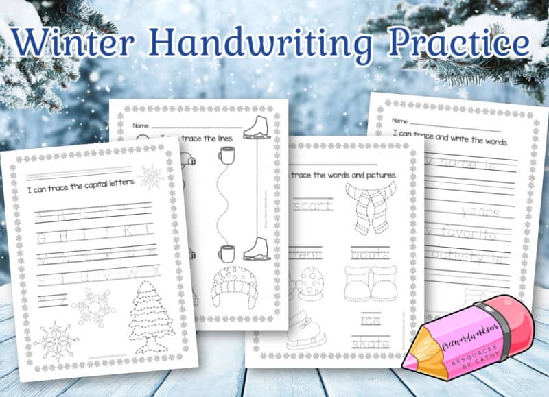 Download this free set of winter handwriting practice worksheets to help your children work on handwriting in a fun manner.