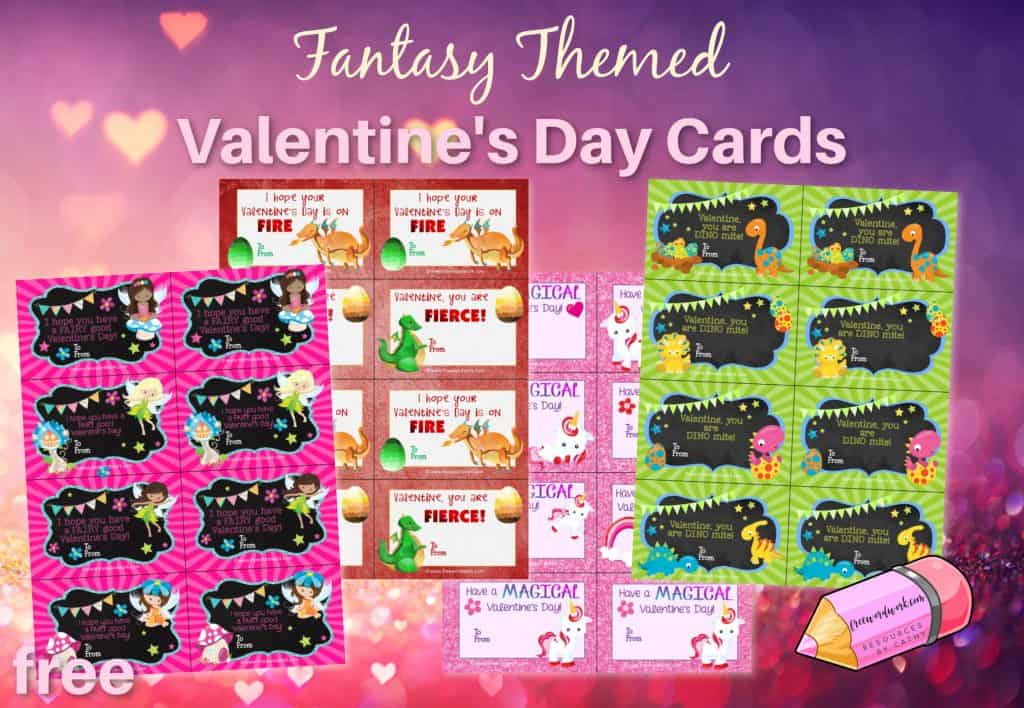 Download these fantasy themed Valentine cards for your child who loves fairies, dragons, dinosaurs or unicorns. Free from www.freewordwork.com.