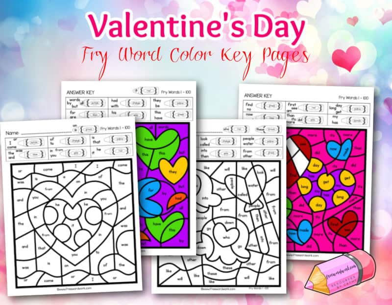 Download these free Valentine's Day Fry Color Key Worksheets to add fun, themed sight word practice to your classroom.
