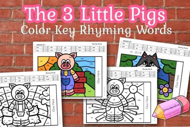 Download this free set of The Three Little Pigs Rhyming Color Key Pages for a fun way for your children to practice word work.