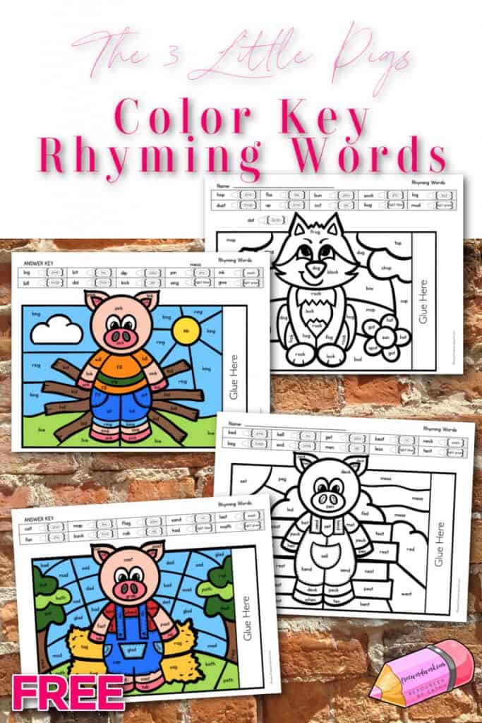 Download this free set of The Three Little Pigs Rhyming Color Key Pages for a fun way for your children to practice word work.