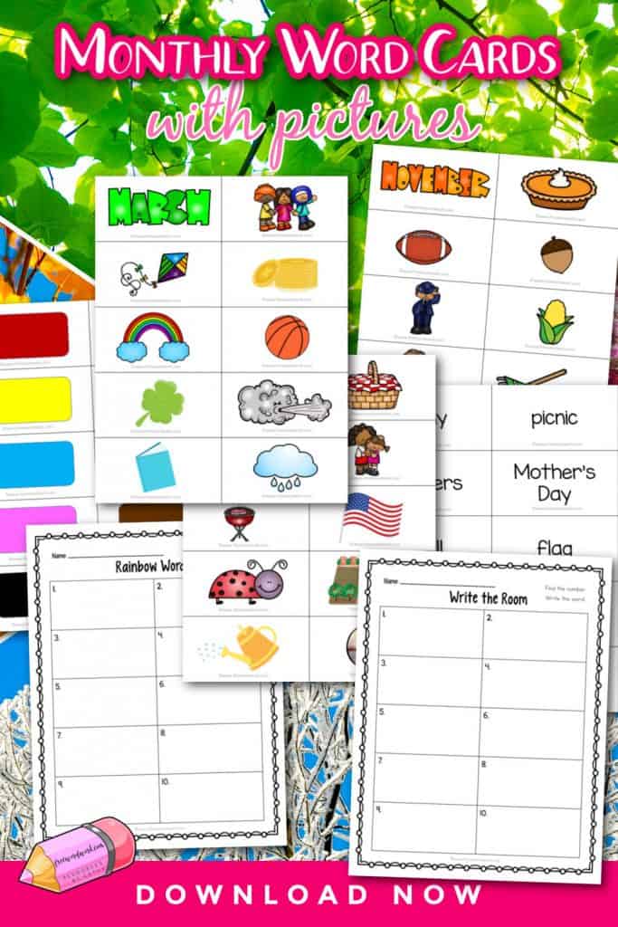 These monthly word cards with pictures can help you assemble a themed word work center each month.
