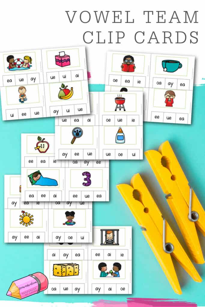 These vowel team clip cards will help you create an engaging phonics center for practicing vowel blends.