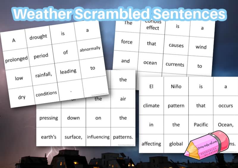 Download these weather scrambled sentences to help your students learn about weather while practicing sentence structure.